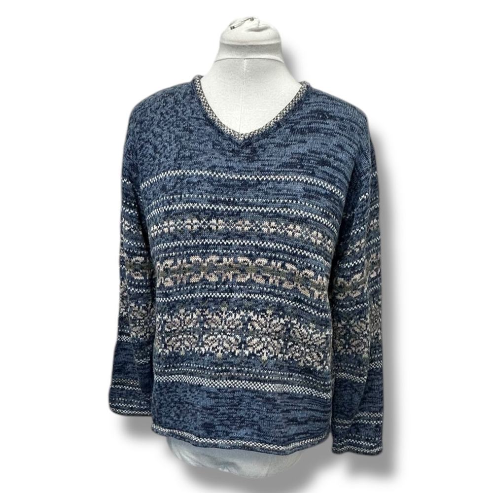 Tiara International V-Neck Fair Isle Sweater VTG 90s Cottagecore Blue Beige M